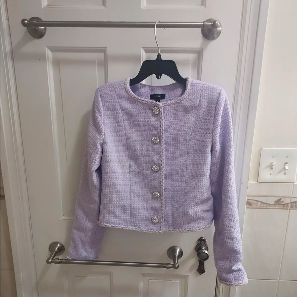 Elegant fitted Aqua Tweed Jacket jewel buttons. Lilac, lavender
